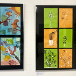 Bild links: „Hoch oben im Geäst", Gouachefarben, skelettierte Blätter, Klassen 3 B, C, D
Bild rechts: „Schneeakzent", Grafik mit Markern und Deckweiß, Klassenstufe 1